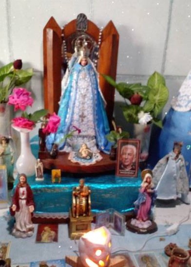 Statua Madonna di Lourdes e Bernadette in ginocchio legno colorato rosa